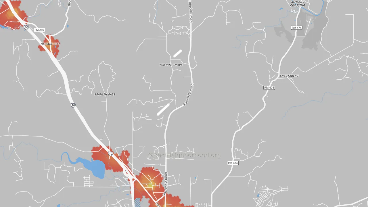 Walk Grade map of Van Raub, TX, walkable areas in green and car-dependent areas in red