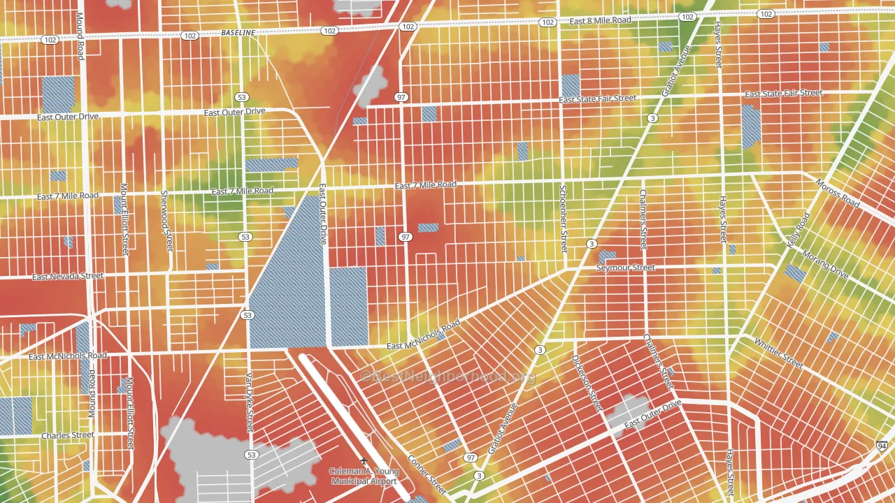 Walk Grade map of Van Steuban, Detroit, MI, walkable areas in green and car-dependent areas in red
