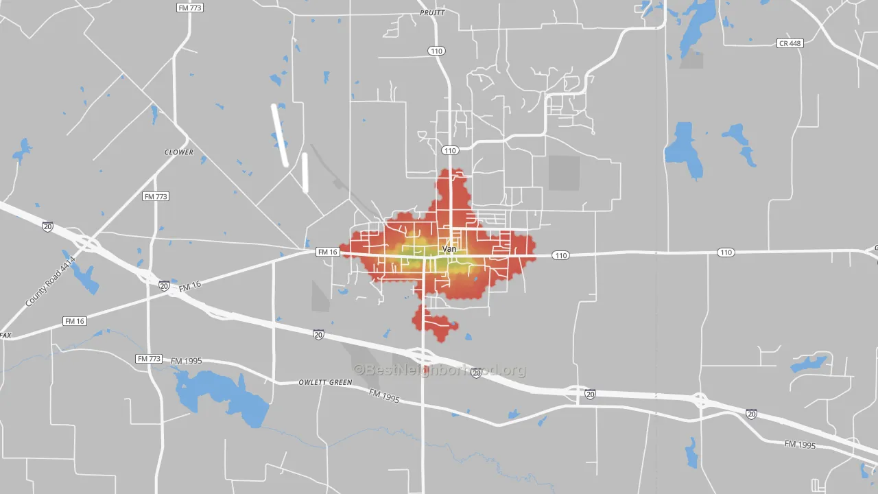 Walk Grade map of Van, TX, walkable areas in green and car-dependent areas in red