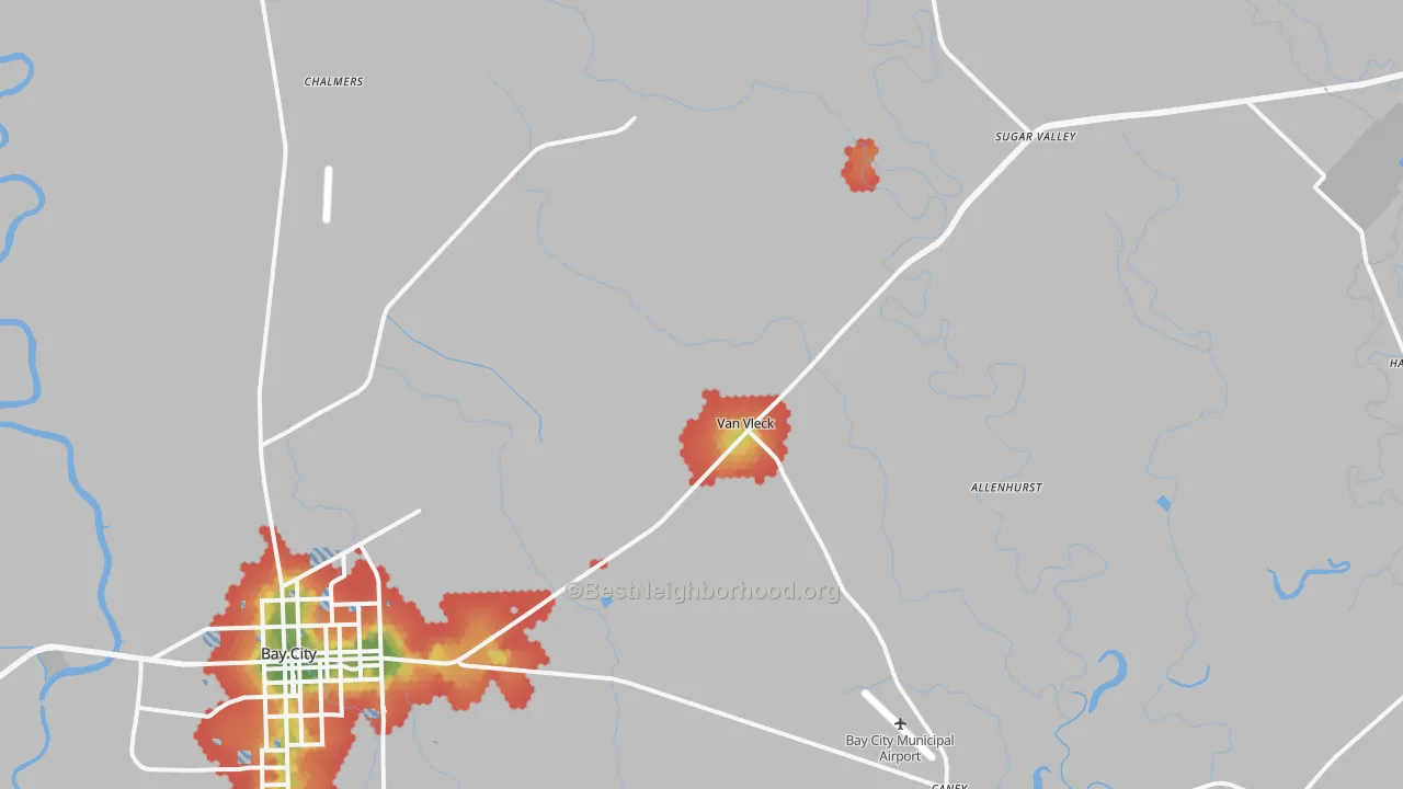 Walk Grade map of Van Vleck, TX, walkable areas in green and car-dependent areas in red