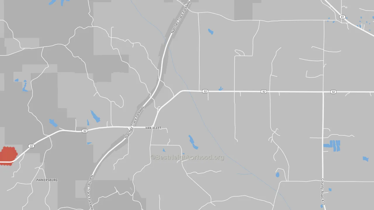 Walk Grade map of Van Vleet, MS, walkable areas in green and car-dependent areas in red