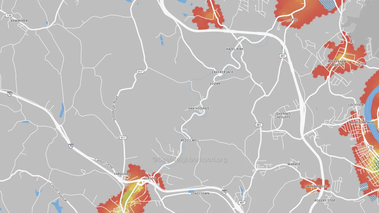 Walk Grade map of Van Voorhis, PA, walkable areas in green and car-dependent areas in red