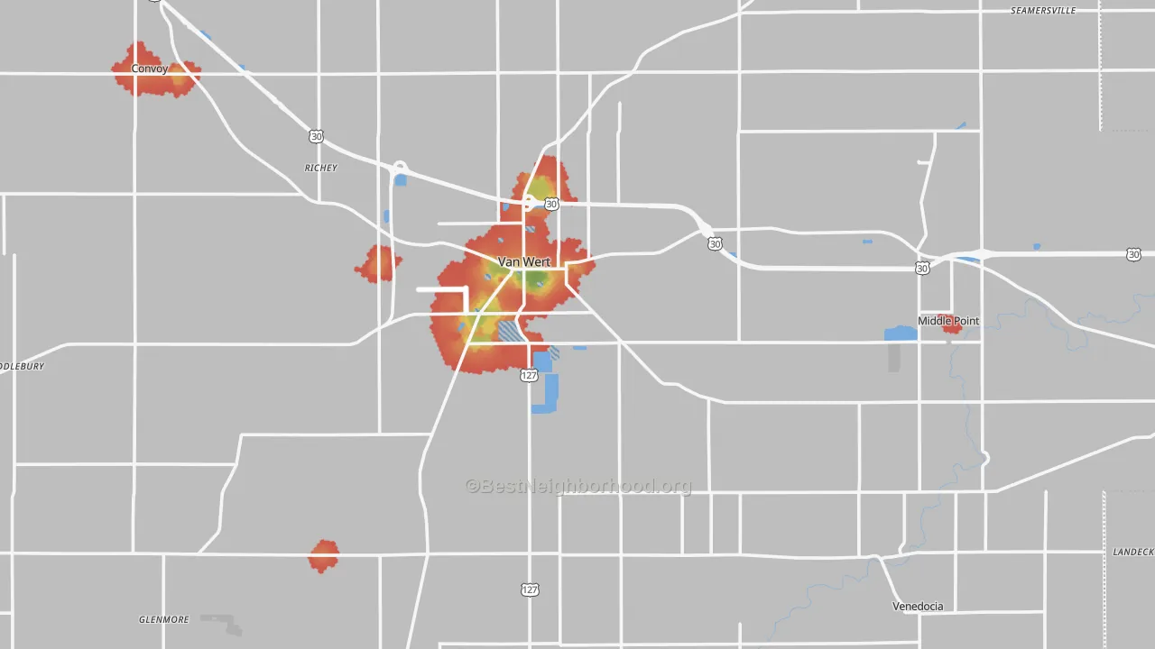 Walk Grade map of Van Wert County, OH, walkable areas in green and car-dependent areas in red