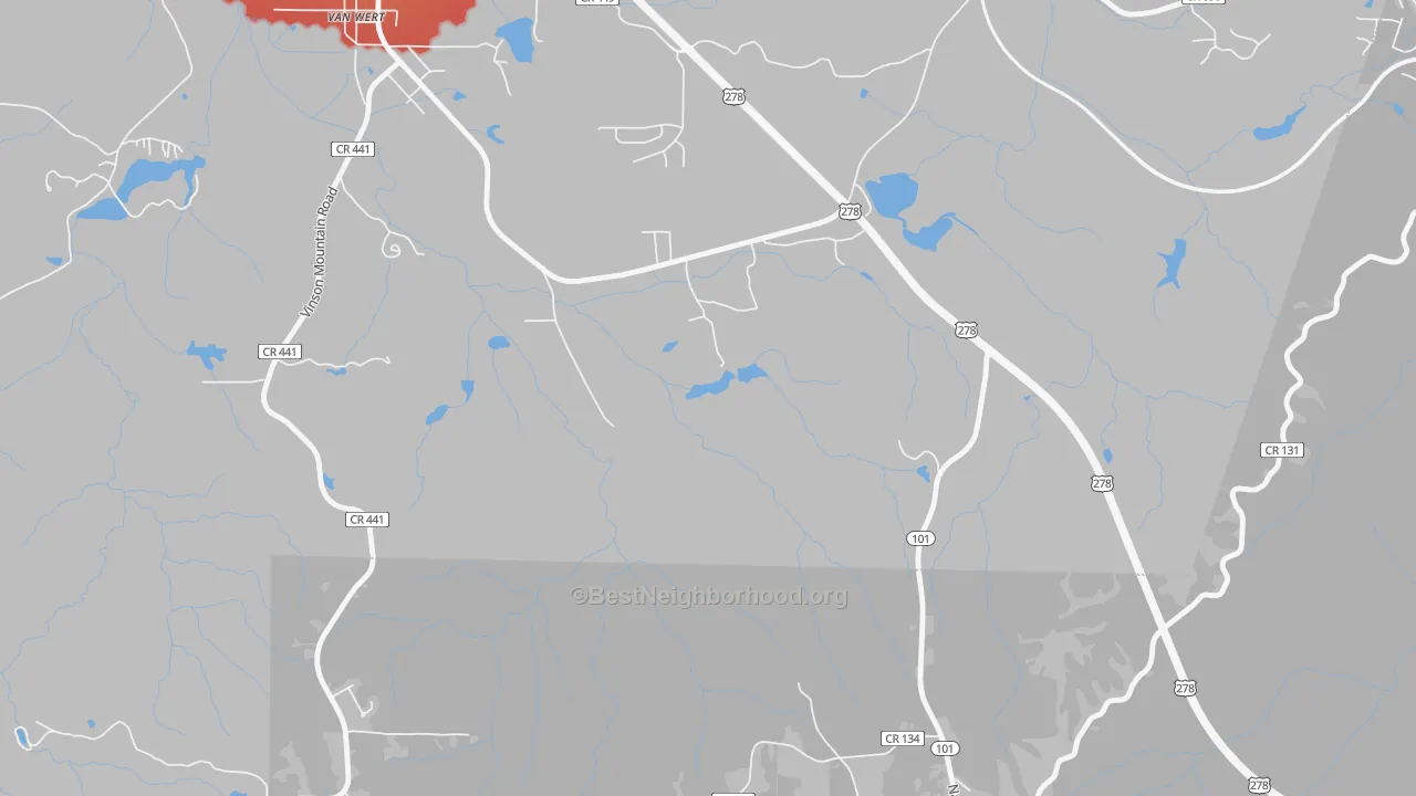 Walk Grade map of Van Wert, GA, walkable areas in green and car-dependent areas in red