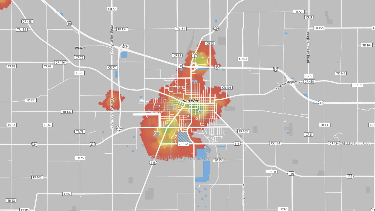 Walk Grade map of Van Wert, OH, walkable areas in green and car-dependent areas in red