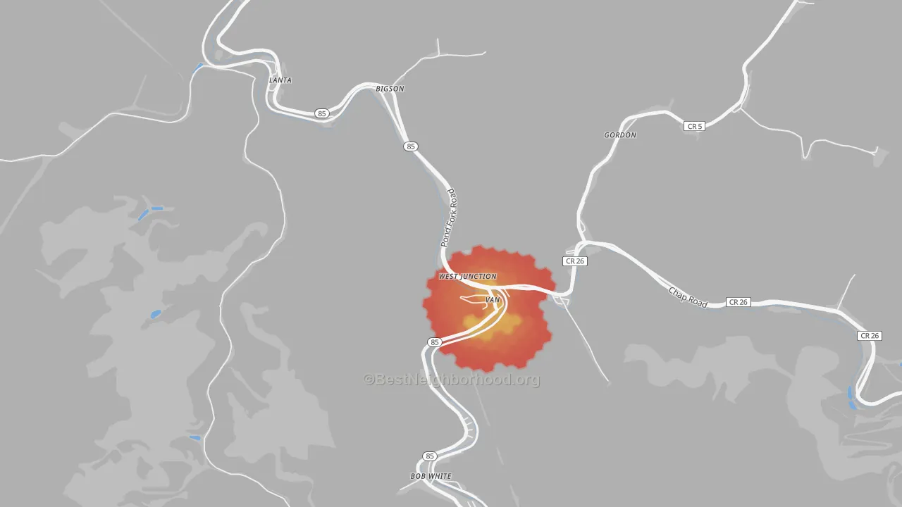 Walk Grade map of Van, WV, walkable areas in green and car-dependent areas in red
