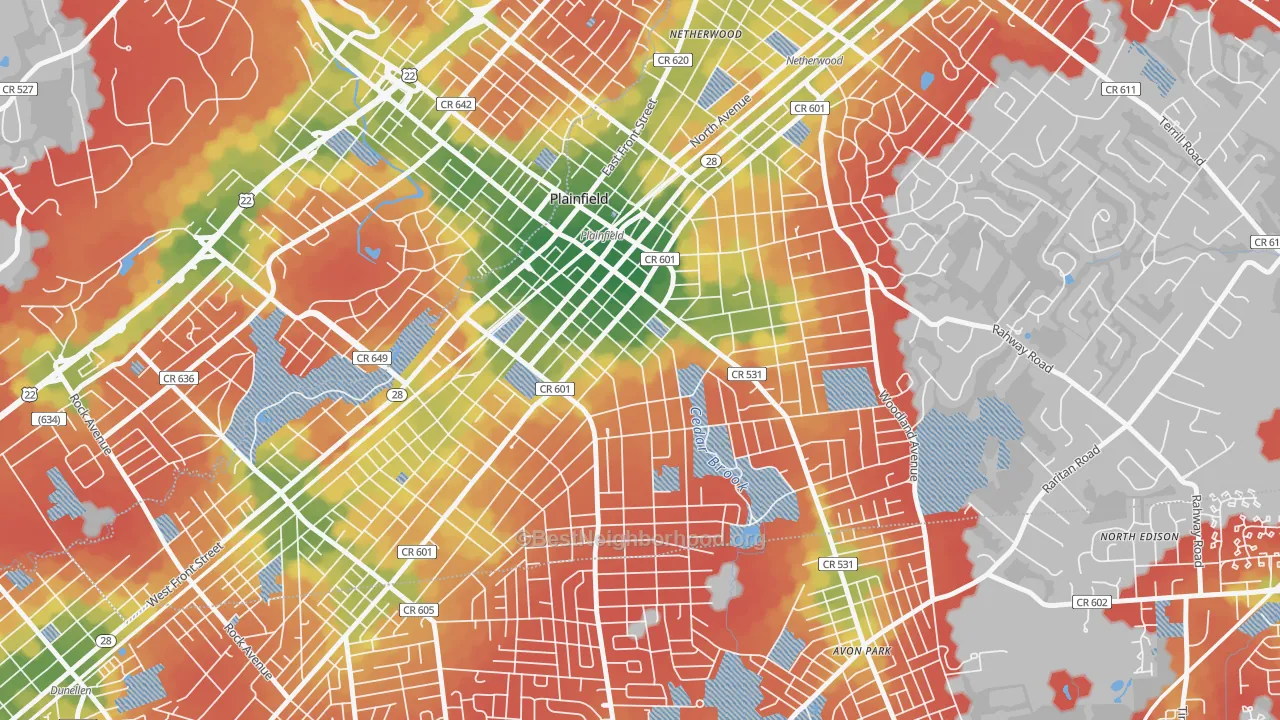 Walk Grade map of Van Wyck Brooks Historic District, Plainfield, NJ, walkable areas in green and car-dependent areas in red