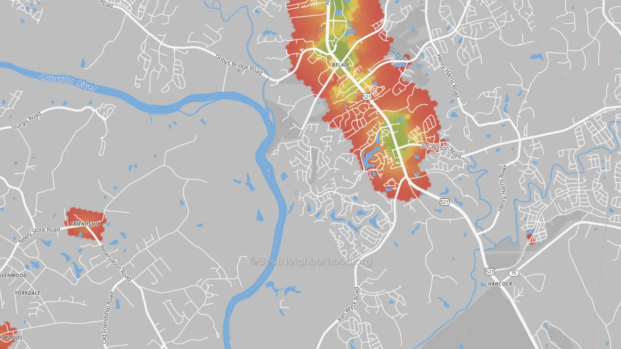 Walk Grade map of Van Wyck, SC, walkable areas in green and car-dependent areas in red