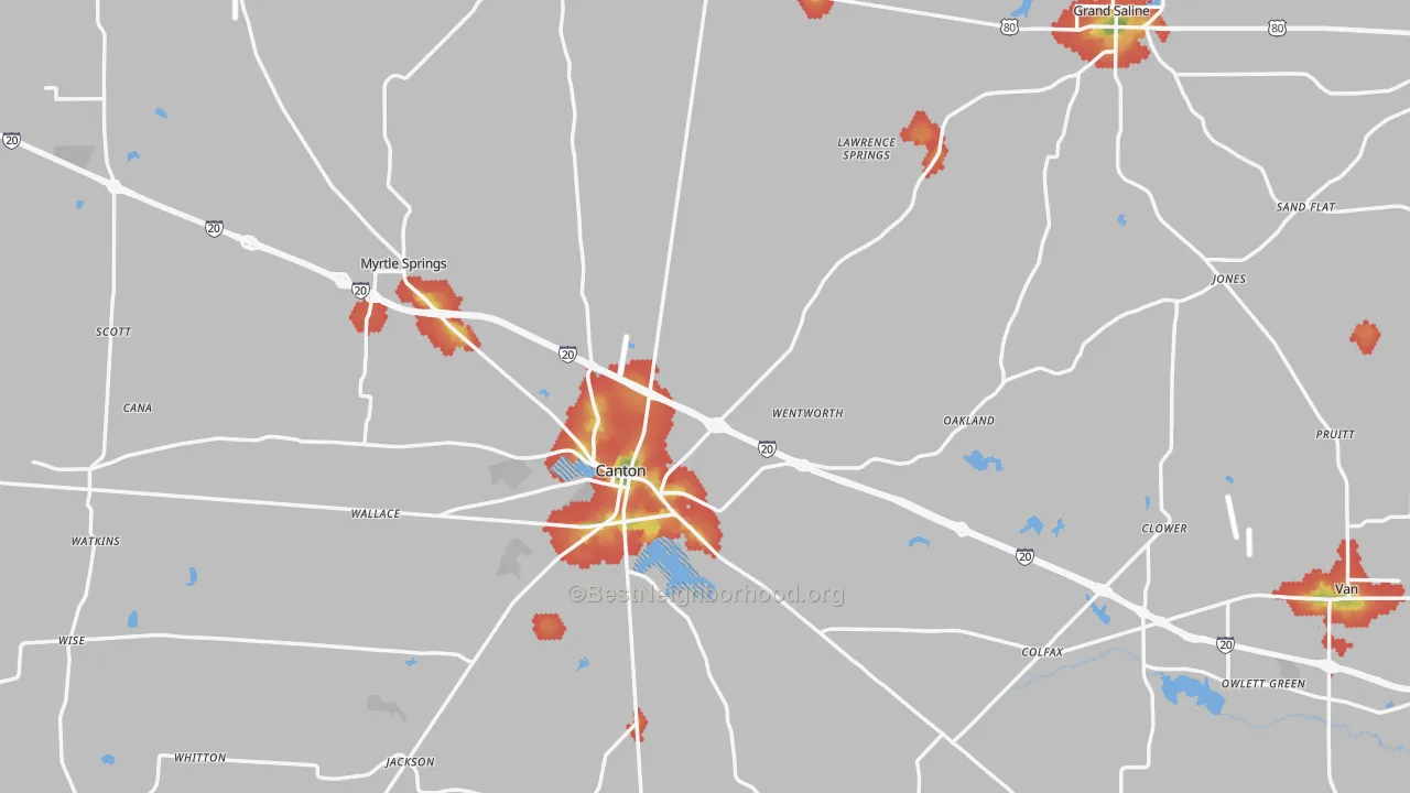 Walk Grade map of Van Zandt County, TX, walkable areas in green and car-dependent areas in red
