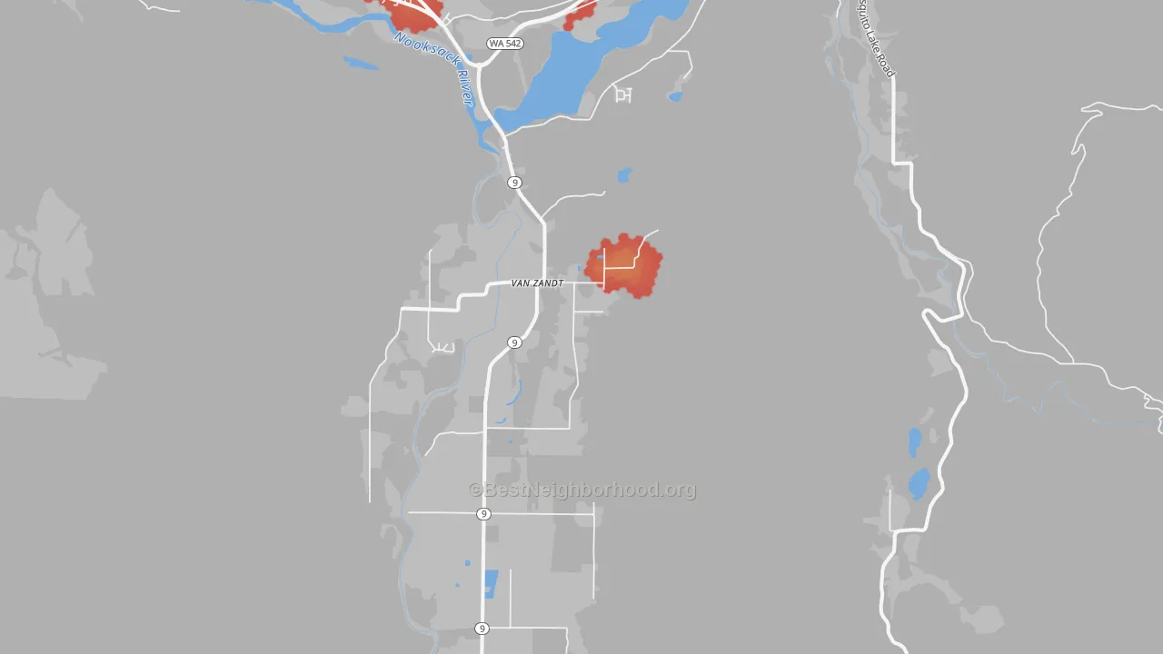 Walk Grade map of Van Zandt, WA, walkable areas in green and car-dependent areas in red