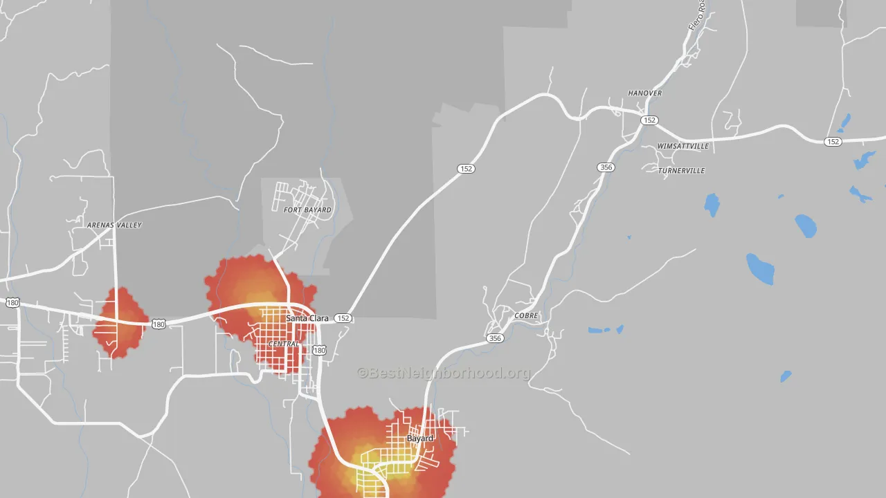 Walk Grade map of Vanadium, NM, walkable areas in green and car-dependent areas in red