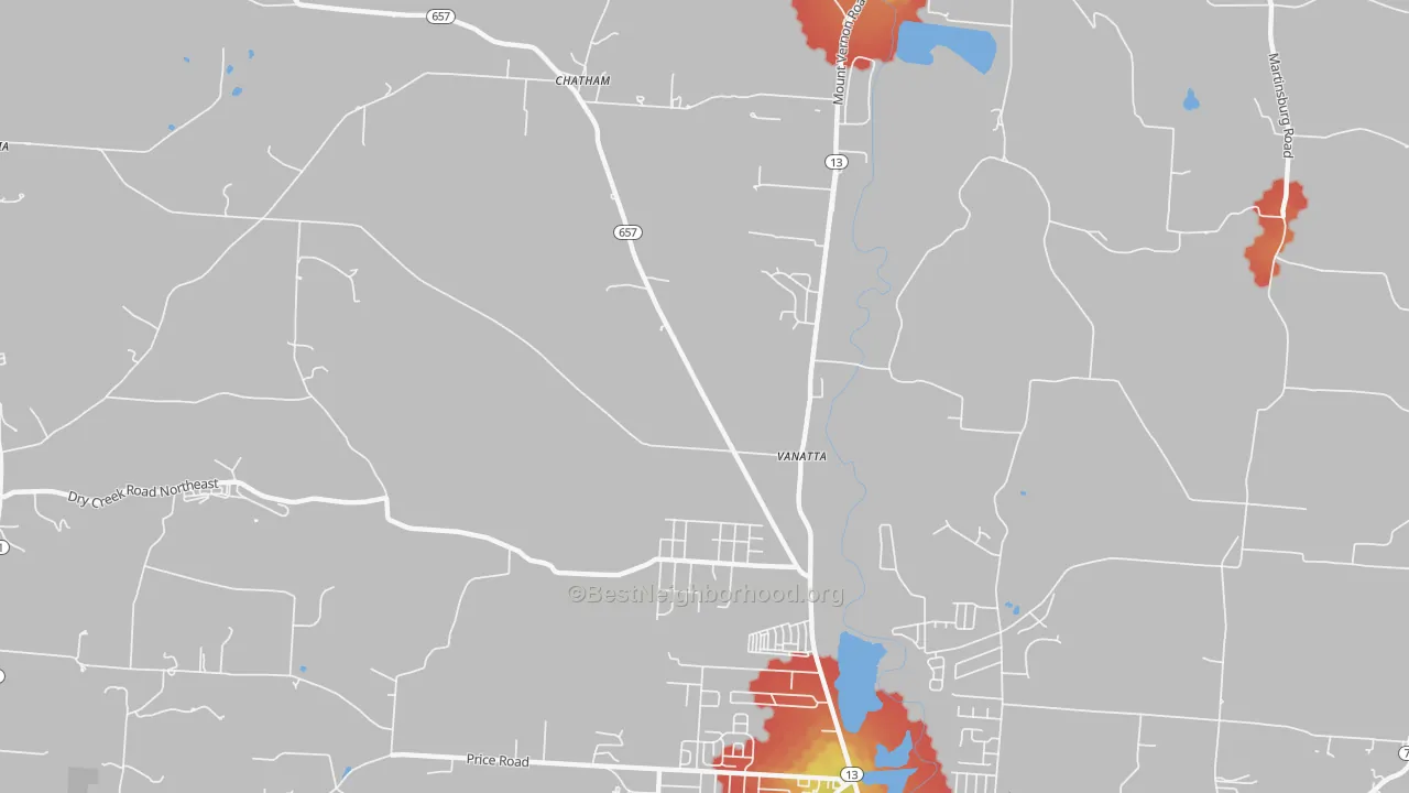 Walk Grade map of Vanatta, OH, walkable areas in green and car-dependent areas in red