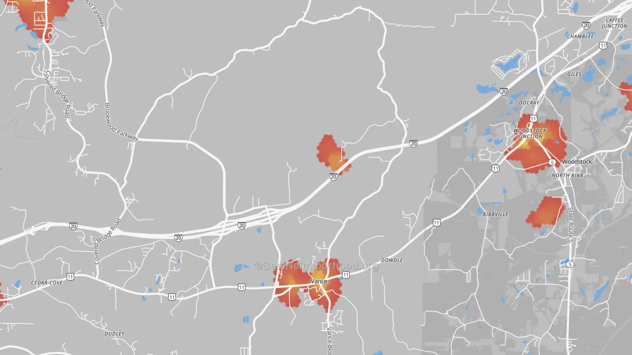 Walk Grade map of Vance, AL, walkable areas in green and car-dependent areas in red