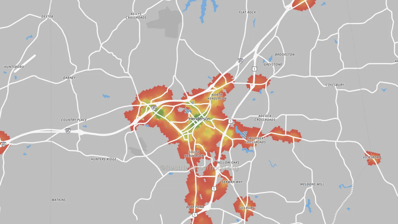 Walk Grade map of Vance County, NC, walkable areas in green and car-dependent areas in red