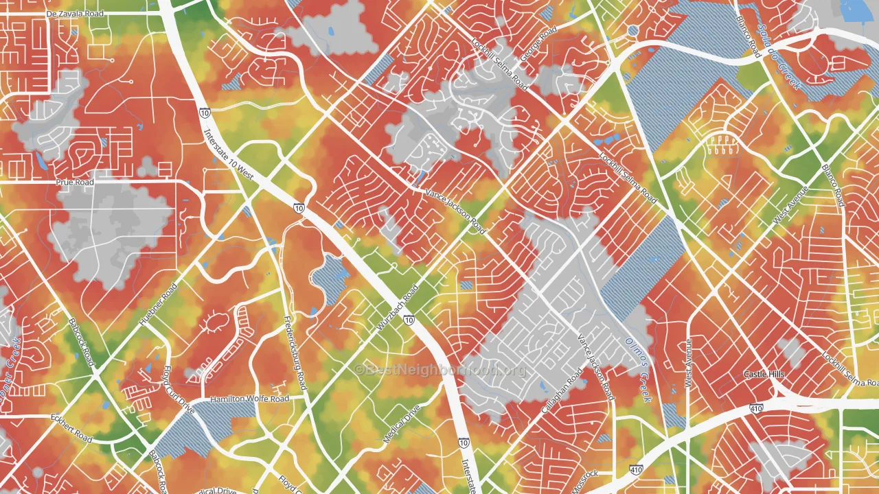 Walk Grade map of Vance Jackson, San Antonio, TX, walkable areas in green and car-dependent areas in red