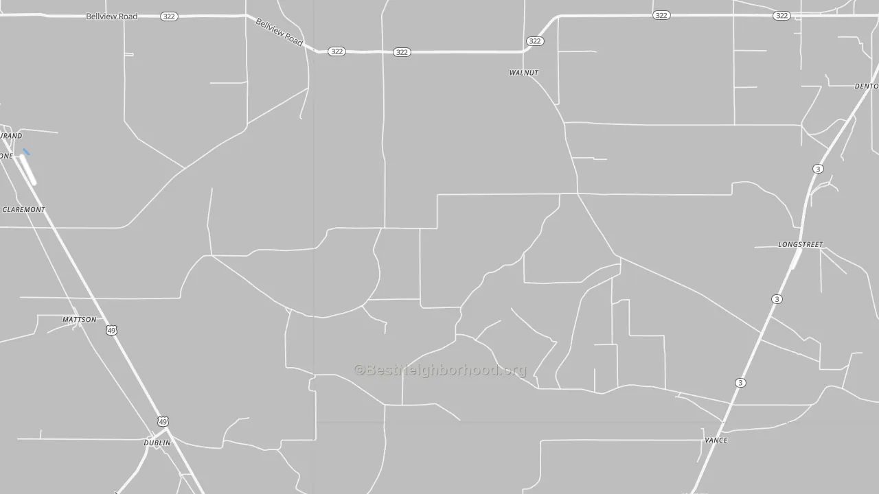 Walk Grade map of Vance, MS, walkable areas in green and car-dependent areas in red
