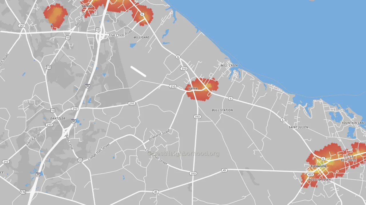 Walk Grade map of Vance, SC, walkable areas in green and car-dependent areas in red