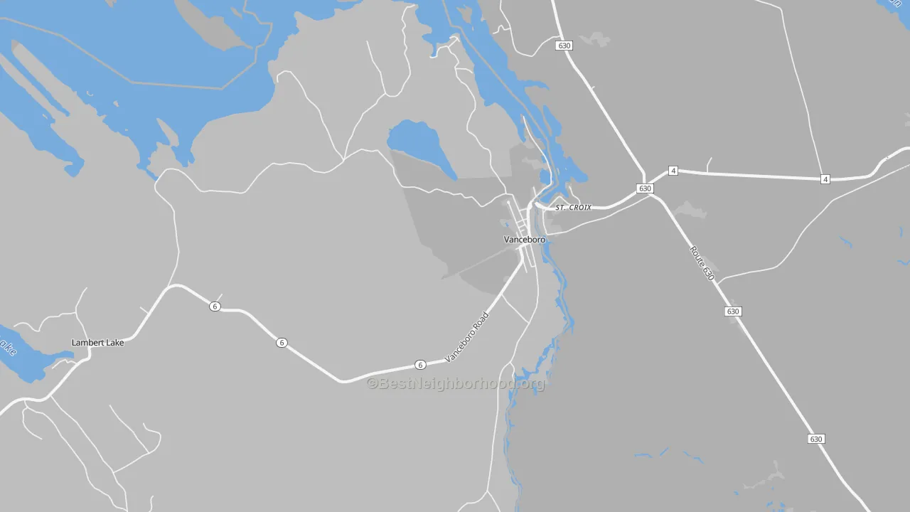 Walk Grade map of Vanceboro, ME, walkable areas in green and car-dependent areas in red