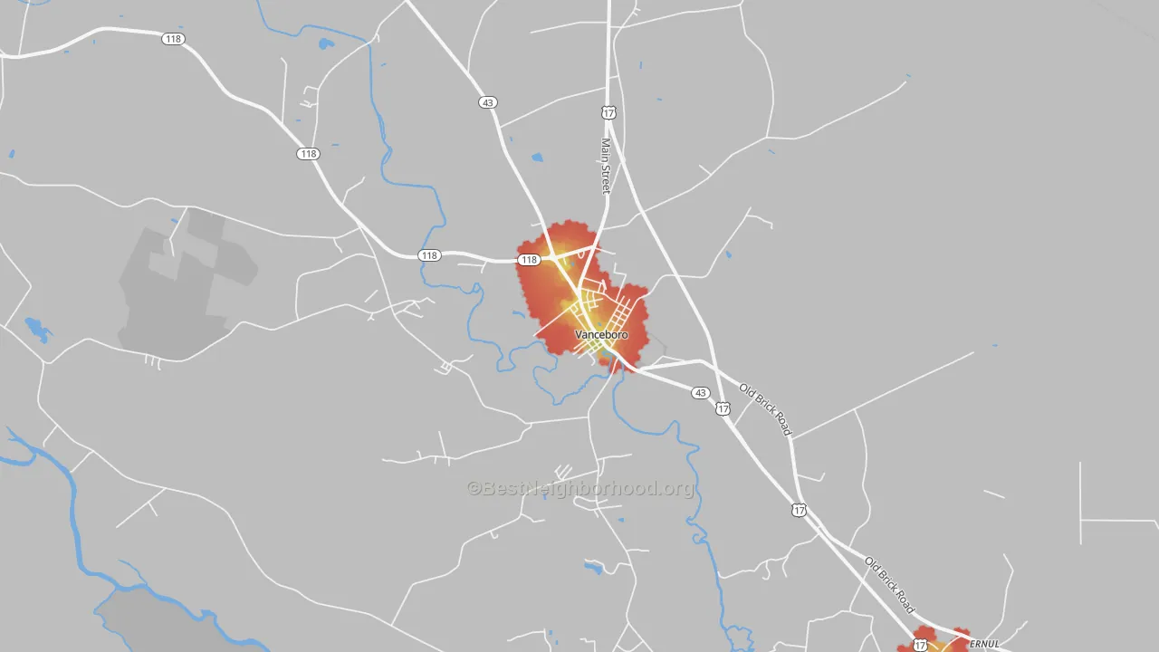 Walk Grade map of Vanceboro, NC, walkable areas in green and car-dependent areas in red