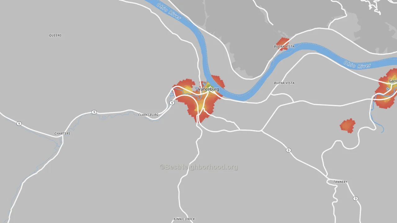 Walk Grade map of Vanceburg, KY, walkable areas in green and car-dependent areas in red