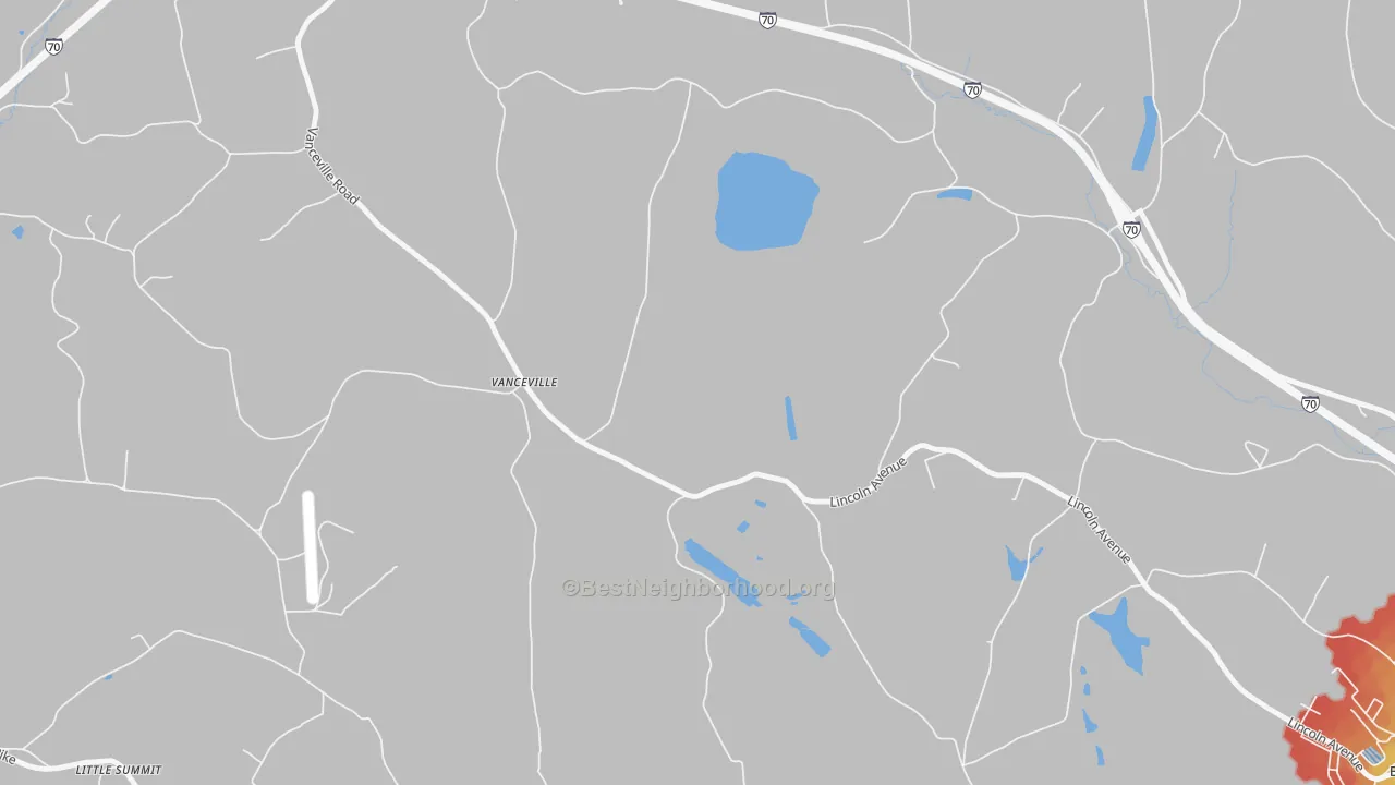Walk Grade map of Vanceville, PA, walkable areas in green and car-dependent areas in red