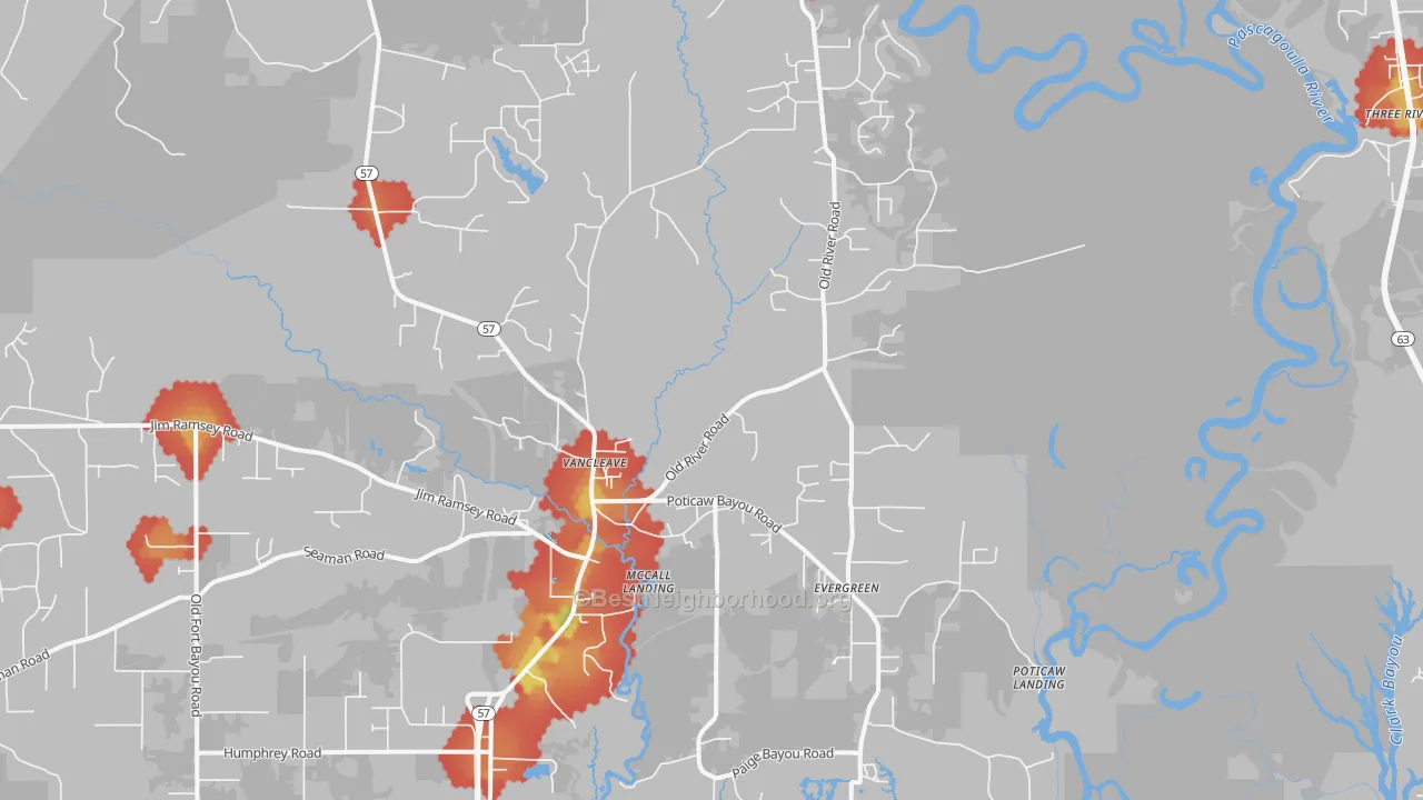 Walk Grade map of Vancleave, MS, walkable areas in green and car-dependent areas in red