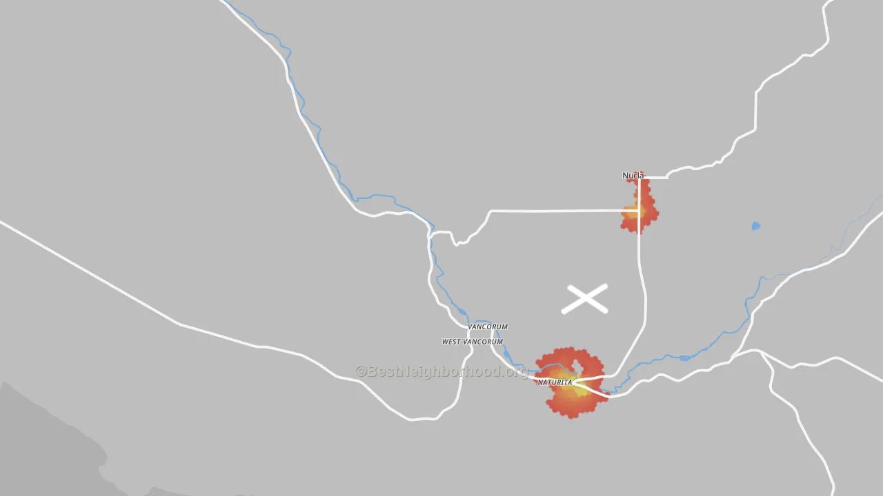 Walk Grade map of Vancorum, CO, walkable areas in green and car-dependent areas in red