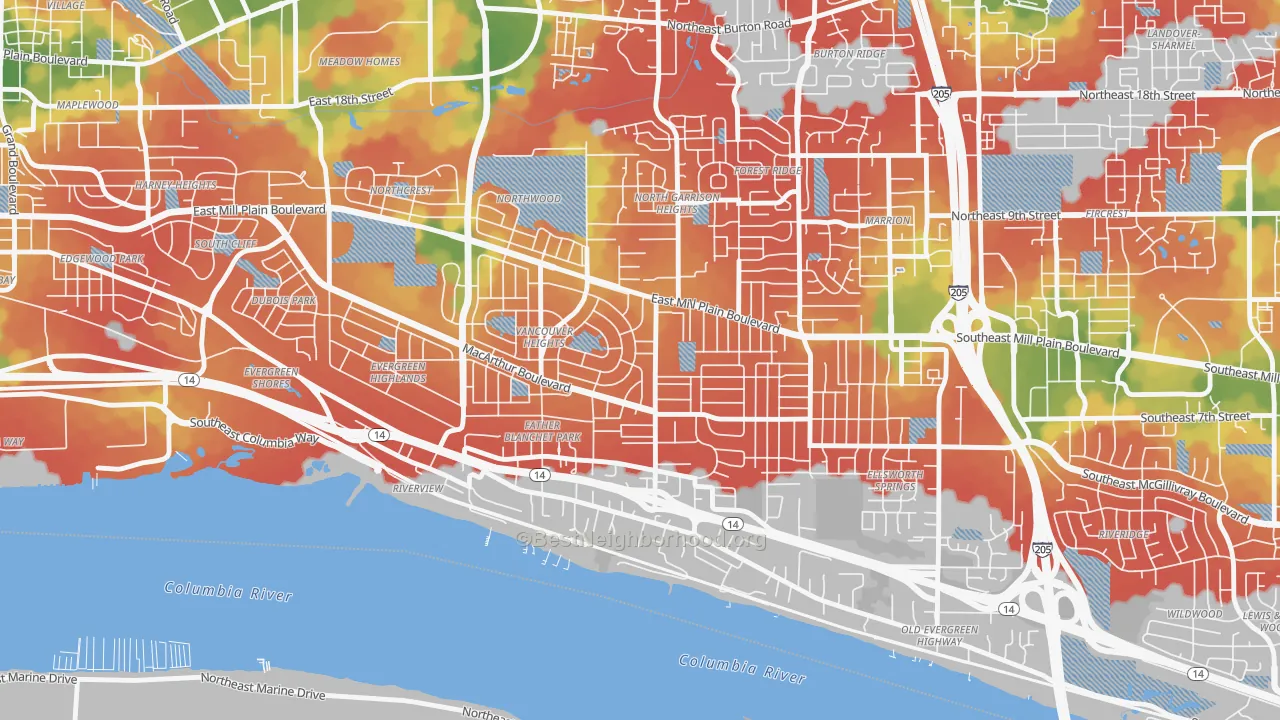 Walk Grade map of Vancouver Heights, Vancouver, WA, walkable areas in green and car-dependent areas in red