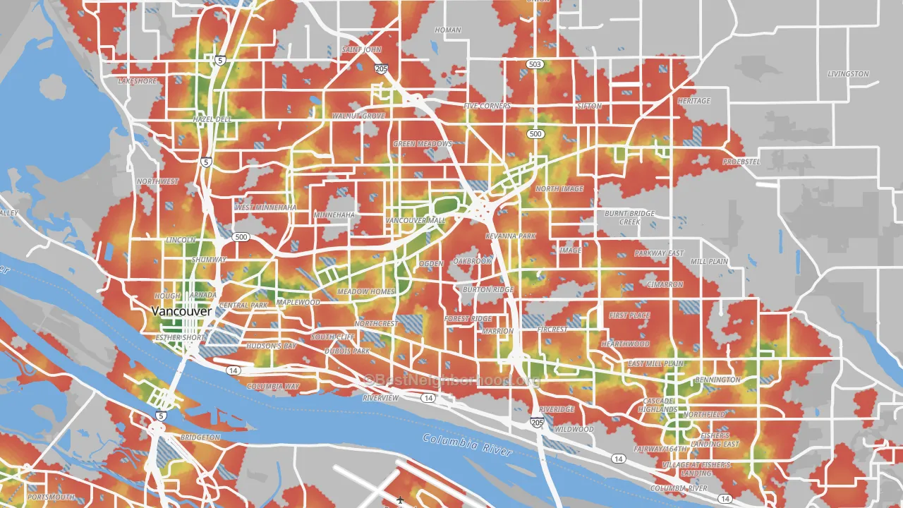 Walk Grade map of Vancouver, WA, walkable areas in green and car-dependent areas in red