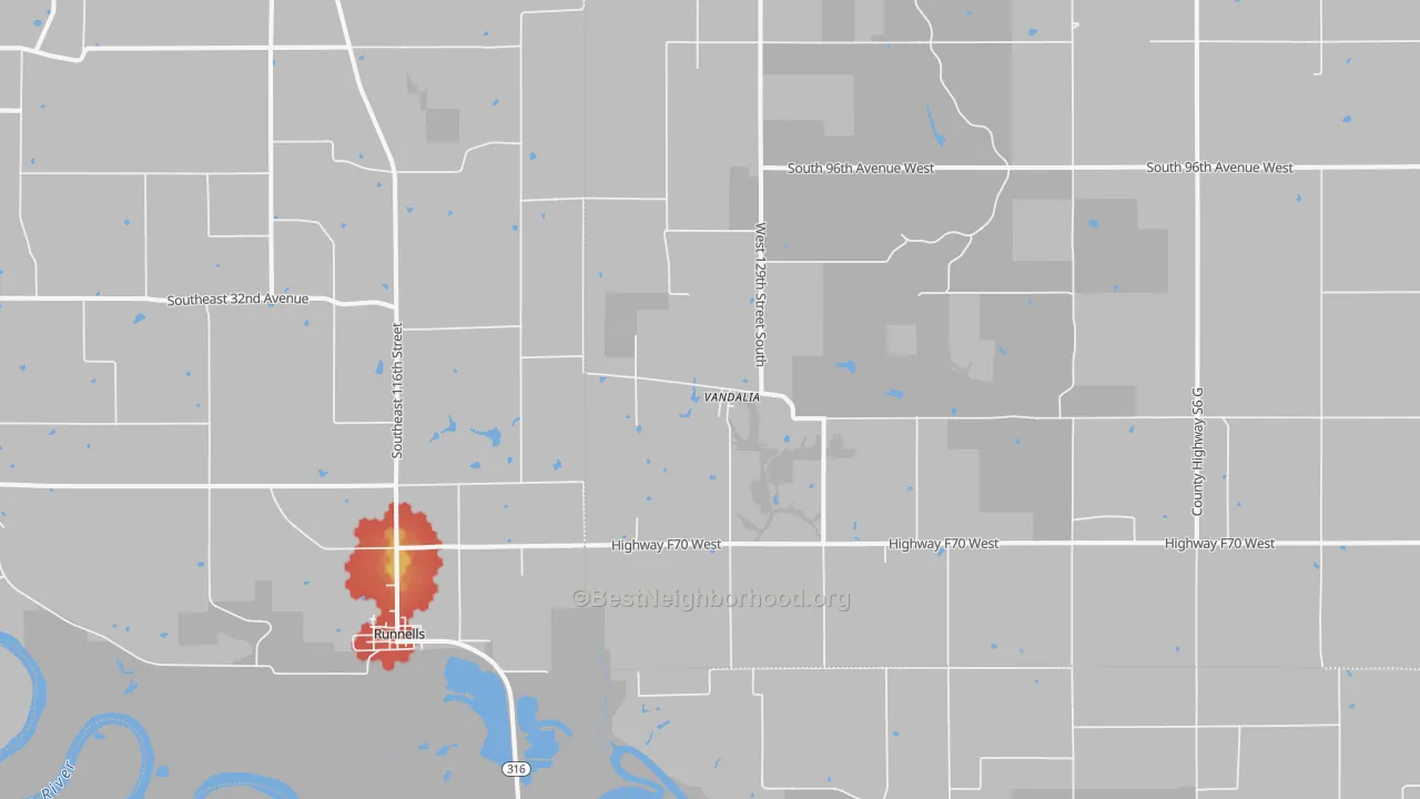 Walk Grade map of Vandalia, IA, walkable areas in green and car-dependent areas in red