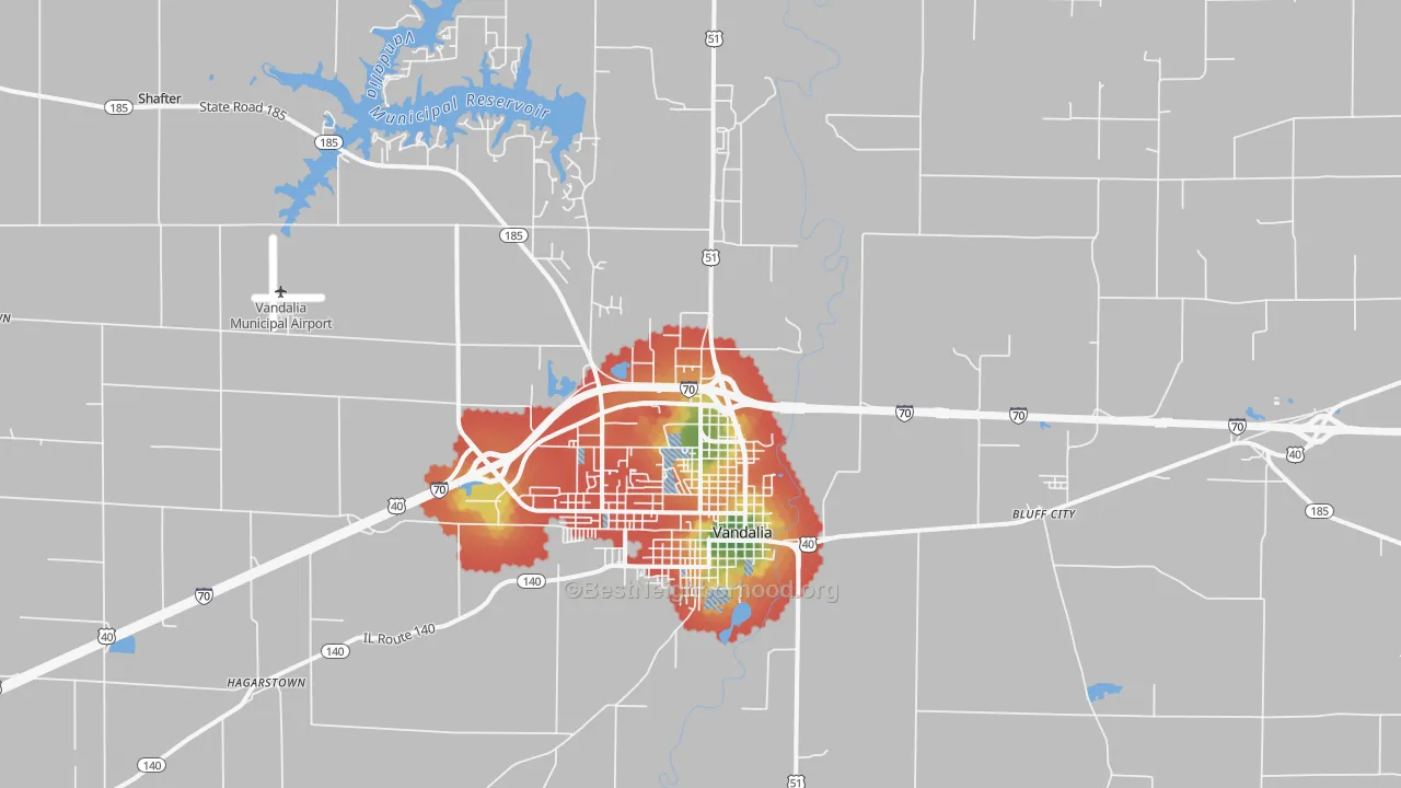 Walk Grade map of Vandalia, IL, walkable areas in green and car-dependent areas in red
