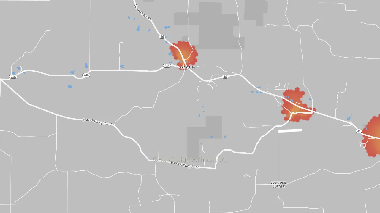Walk Grade map of Vandalia, IN, walkable areas in green and car-dependent areas in red