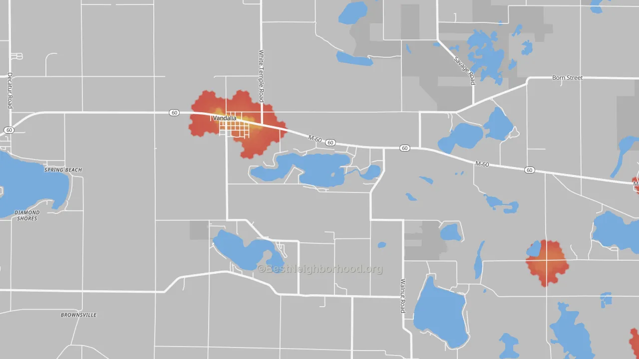 Walk Grade map of Vandalia, MI, walkable areas in green and car-dependent areas in red