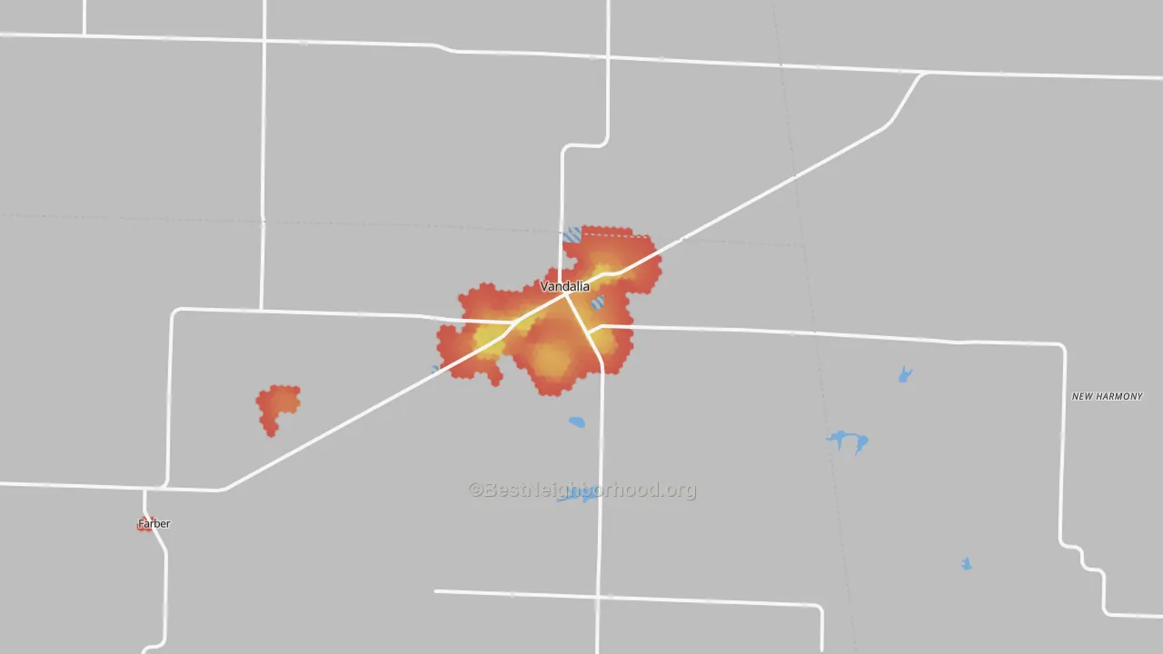 Walk Grade map of Vandalia, MO, walkable areas in green and car-dependent areas in red