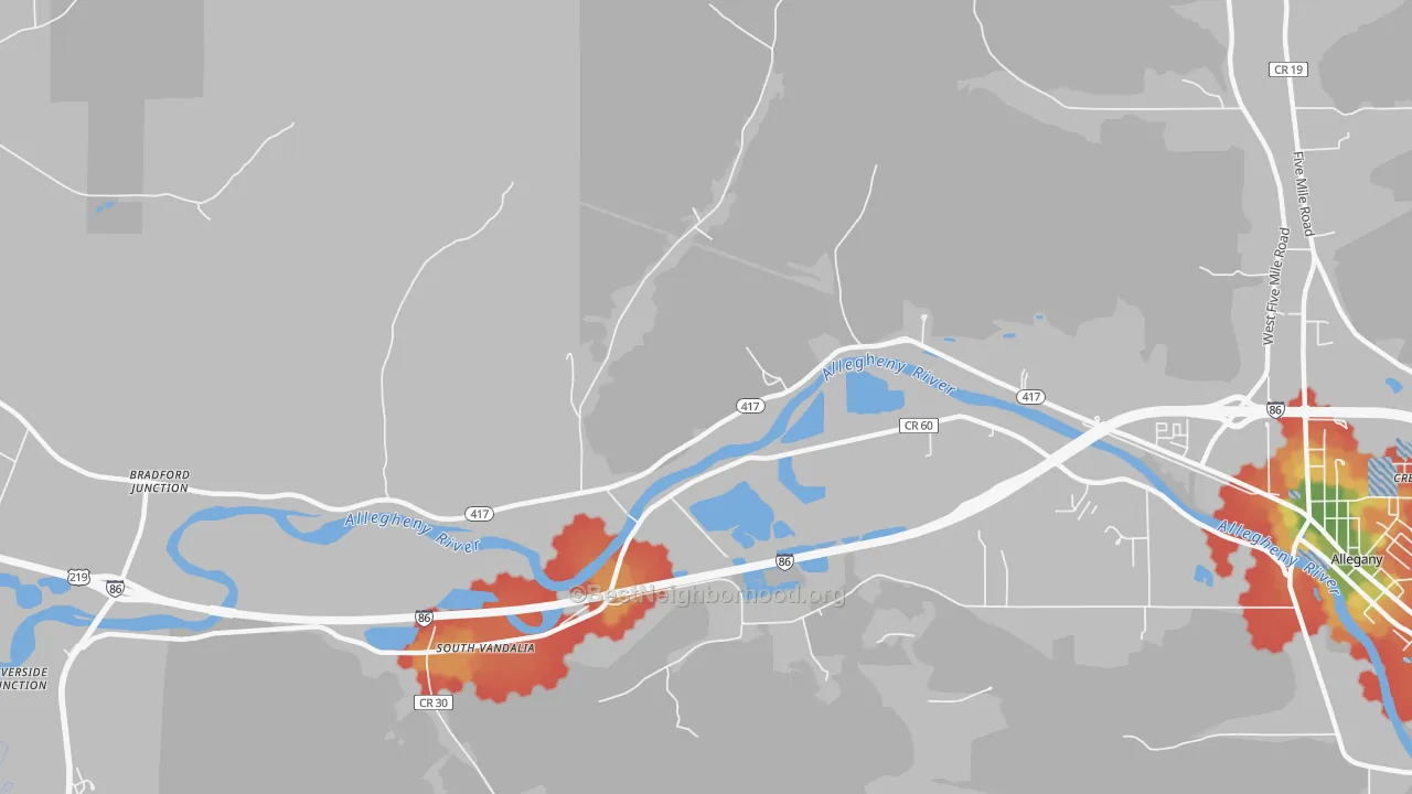 Walk Grade map of Vandalia, NY, walkable areas in green and car-dependent areas in red
