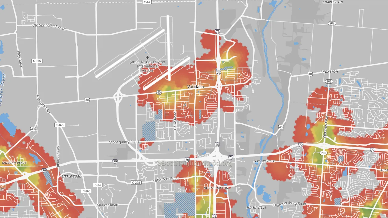 Walk Grade map of Vandalia, OH, walkable areas in green and car-dependent areas in red