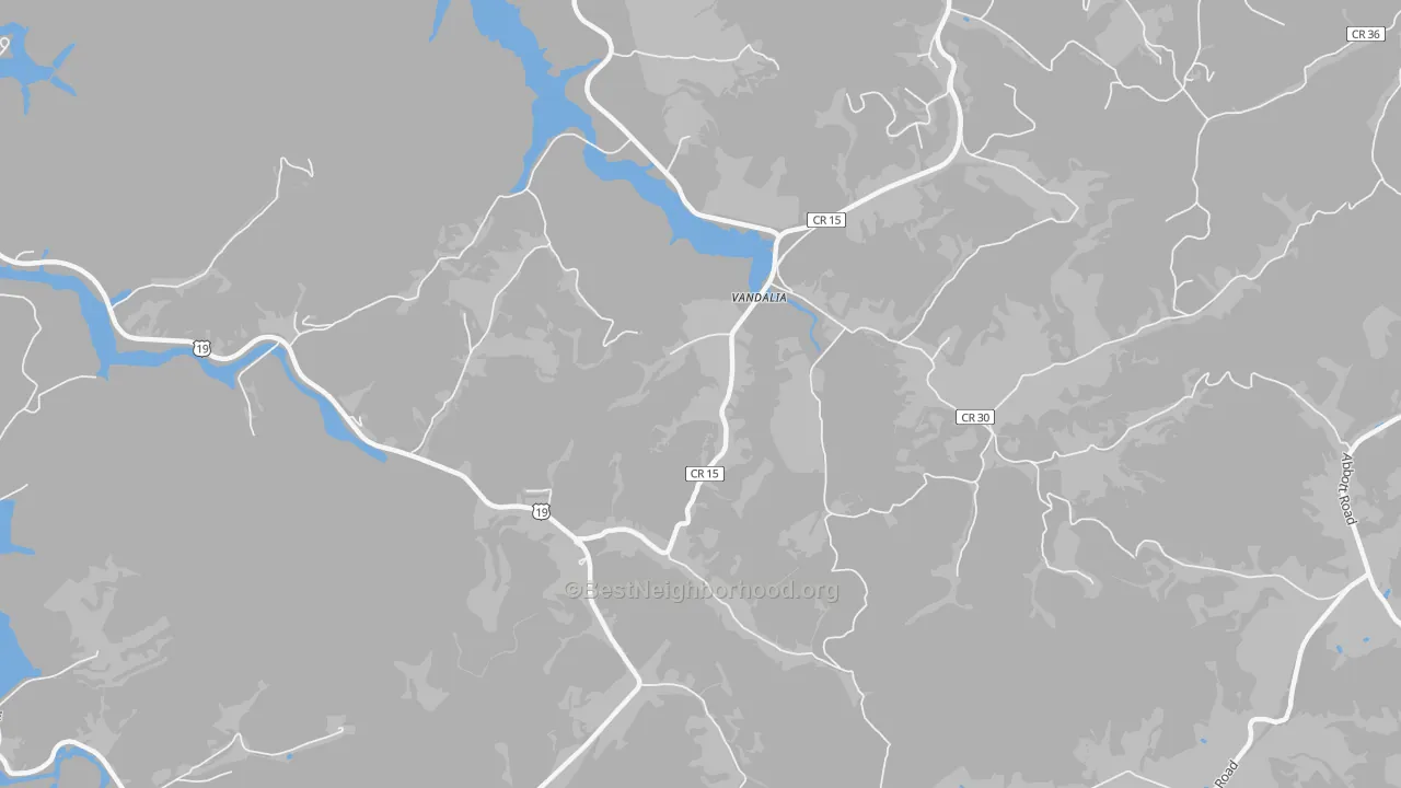 Walk Grade map of Vandalia, WV, walkable areas in green and car-dependent areas in red