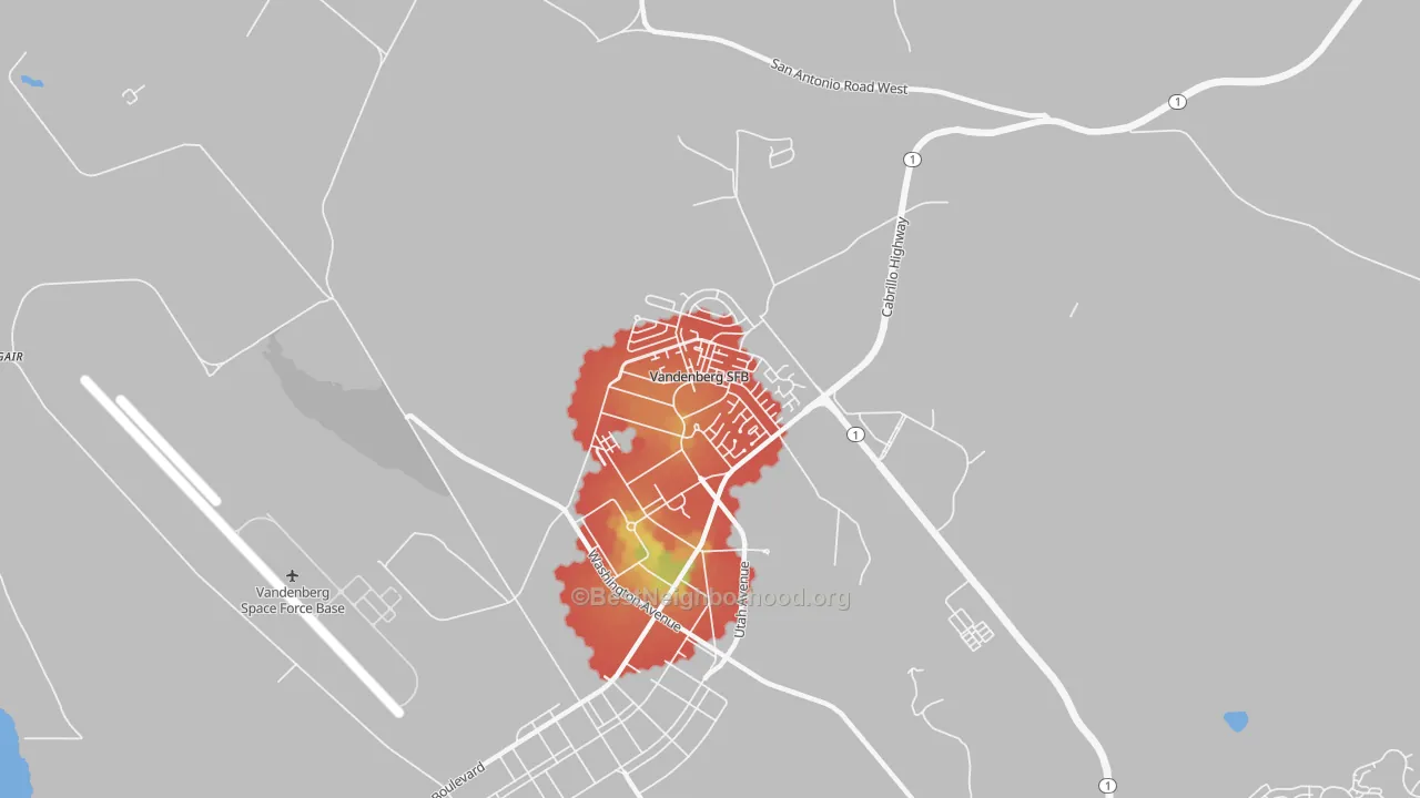 Walk Grade map of Vandenberg AFB, CA, walkable areas in green and car-dependent areas in red