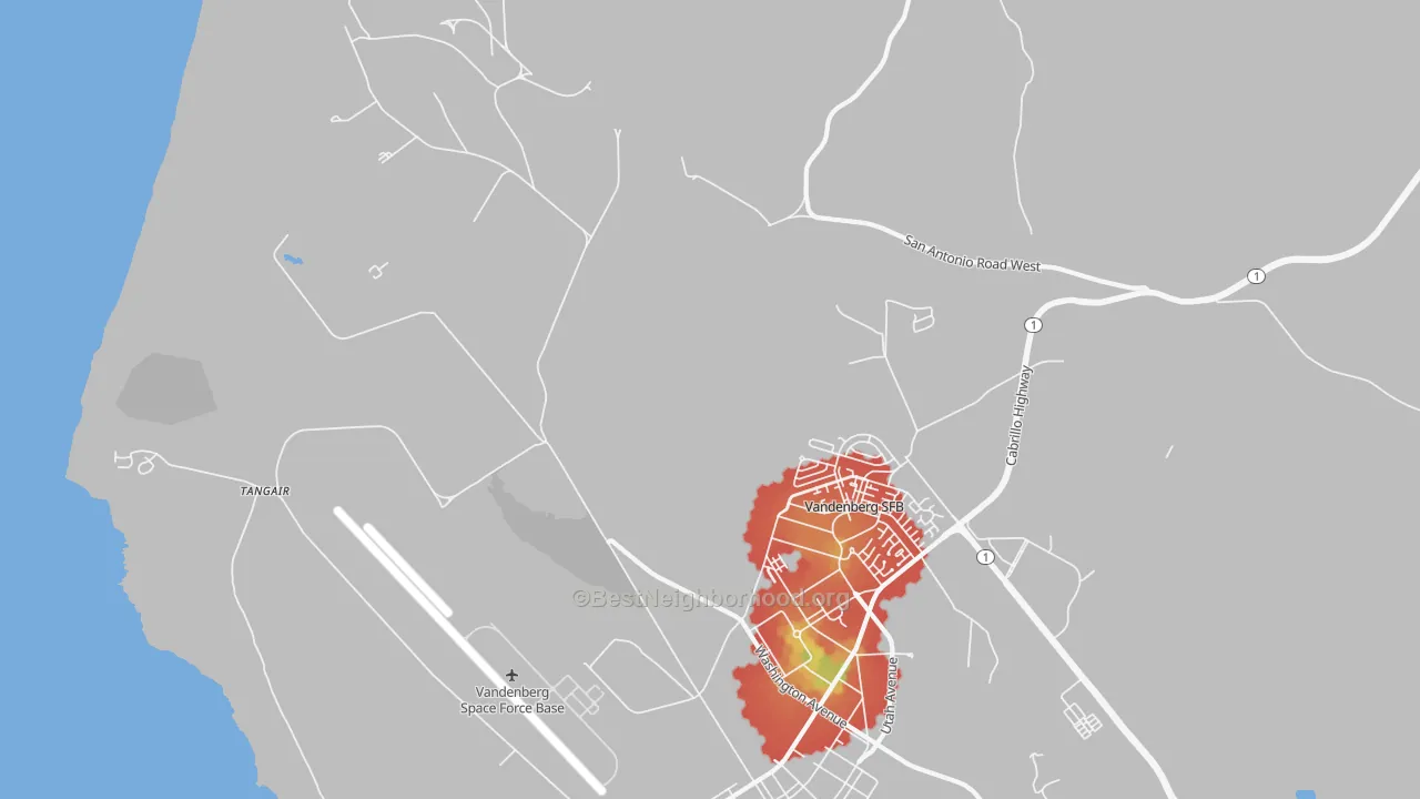 Walk Grade map of Vandenberg Air Force Base, CA, walkable areas in green and car-dependent areas in red