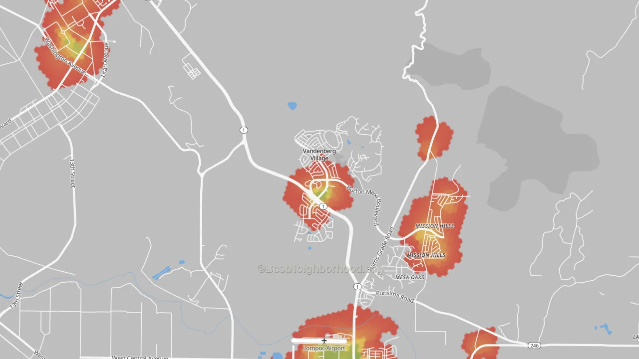 Walk Grade map of Vandenberg Village, CA, walkable areas in green and car-dependent areas in red