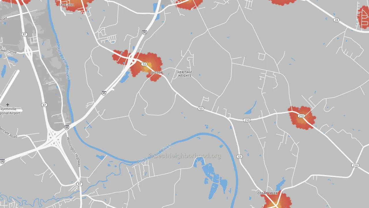 Walk Grade map of Vander, NC, walkable areas in green and car-dependent areas in red