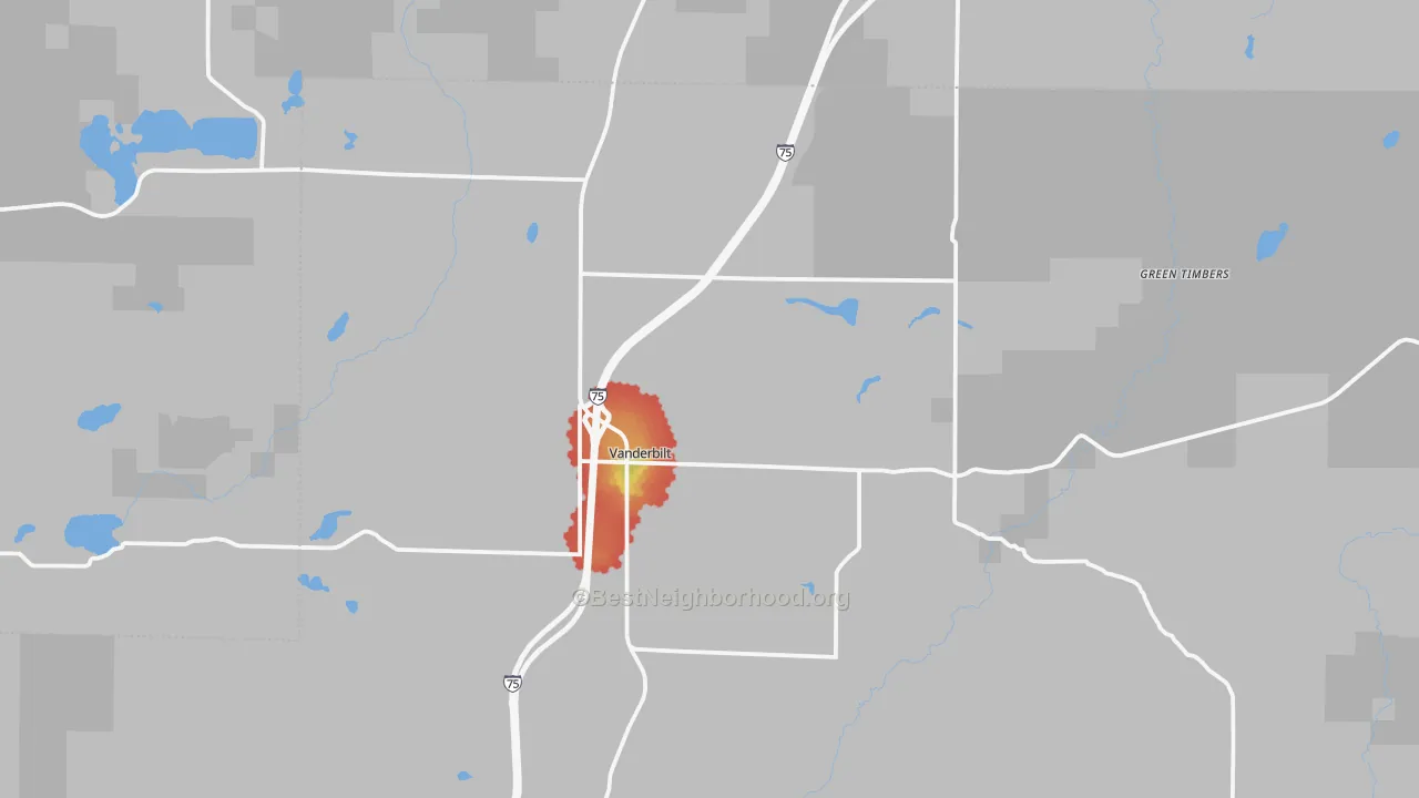 Walk Grade map of Vanderbilt, MI, walkable areas in green and car-dependent areas in red