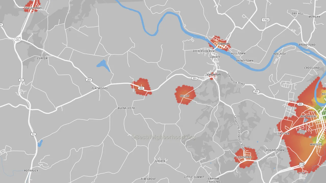 Walk Grade map of Vanderbilt, PA, walkable areas in green and car-dependent areas in red