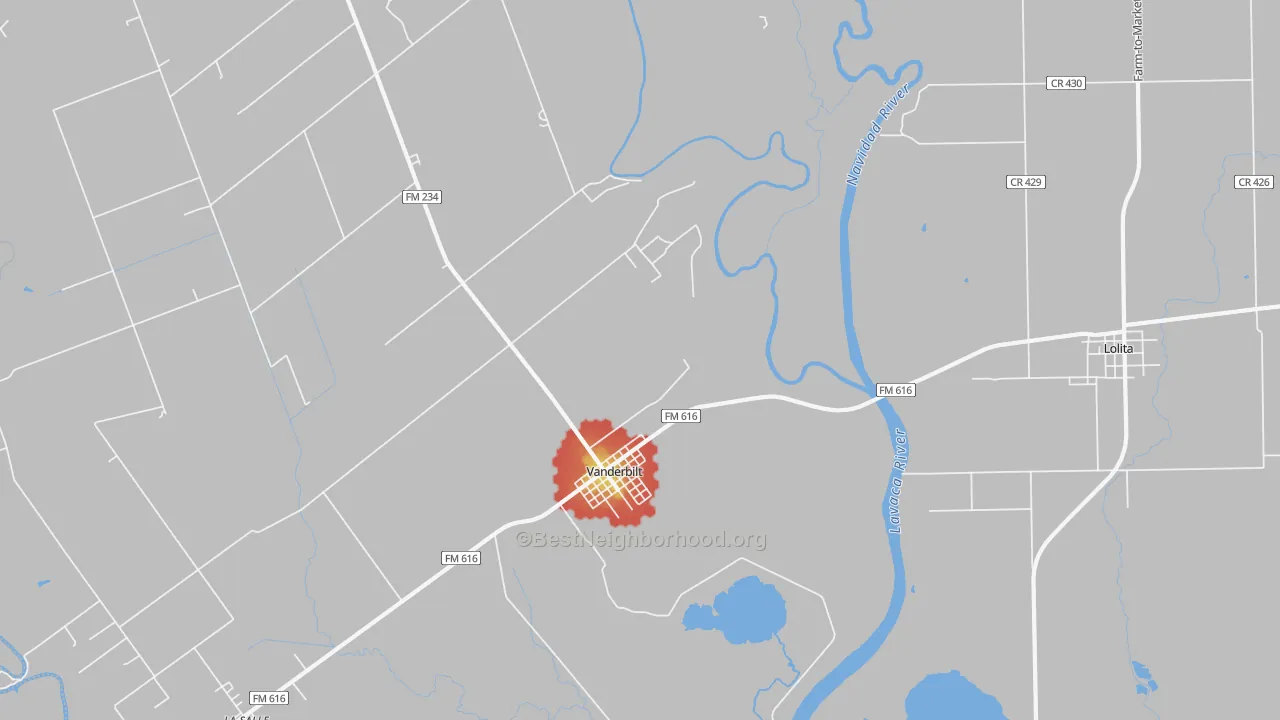 Walk Grade map of Vanderbilt, TX, walkable areas in green and car-dependent areas in red