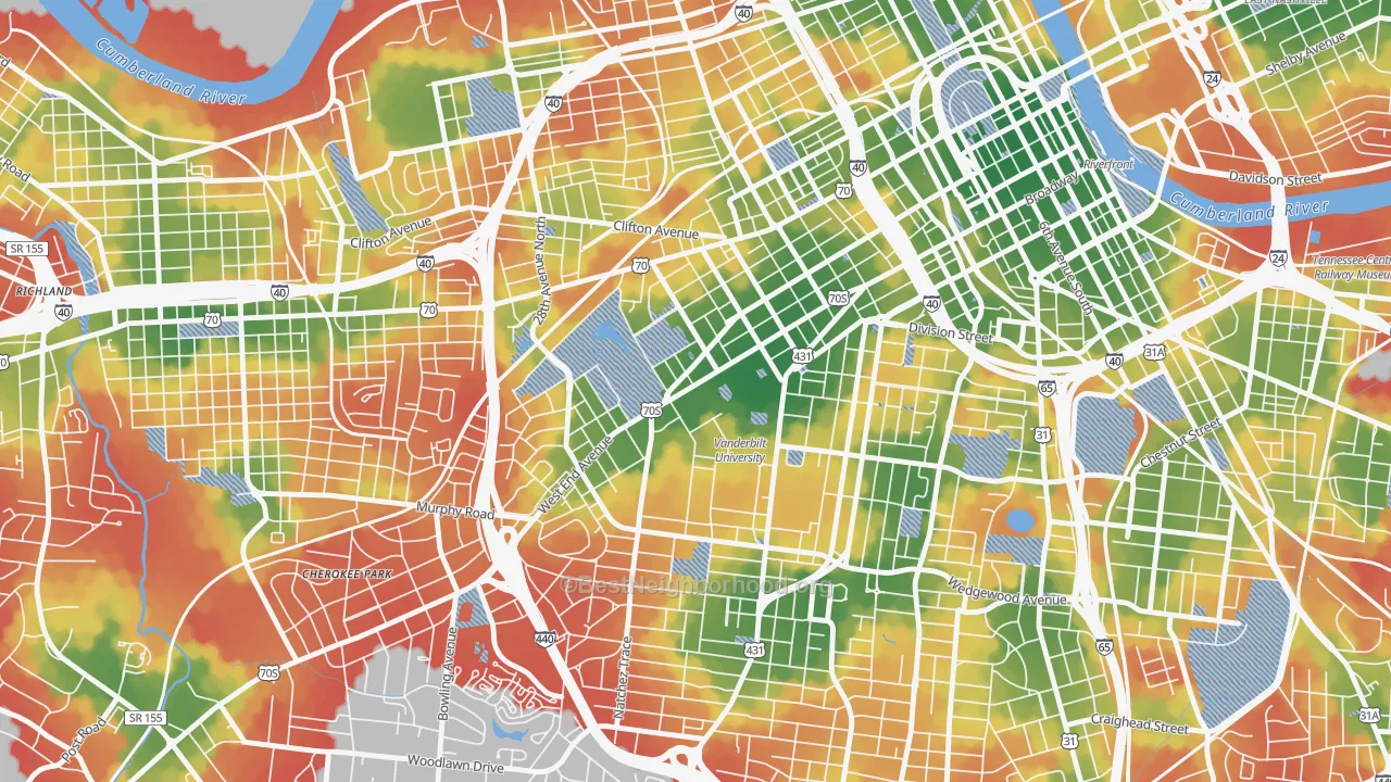 Walk Grade map of Vanderbilt-West End, Nashville, TN, walkable areas in green and car-dependent areas in red