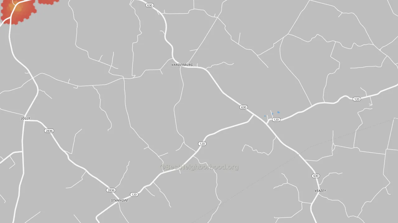 Walk Grade map of Vanderburg, KY, walkable areas in green and car-dependent areas in red
