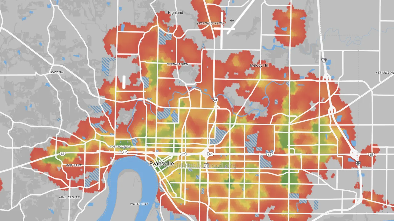 Walk Grade map of Vanderburgh County, IN, walkable areas in green and car-dependent areas in red