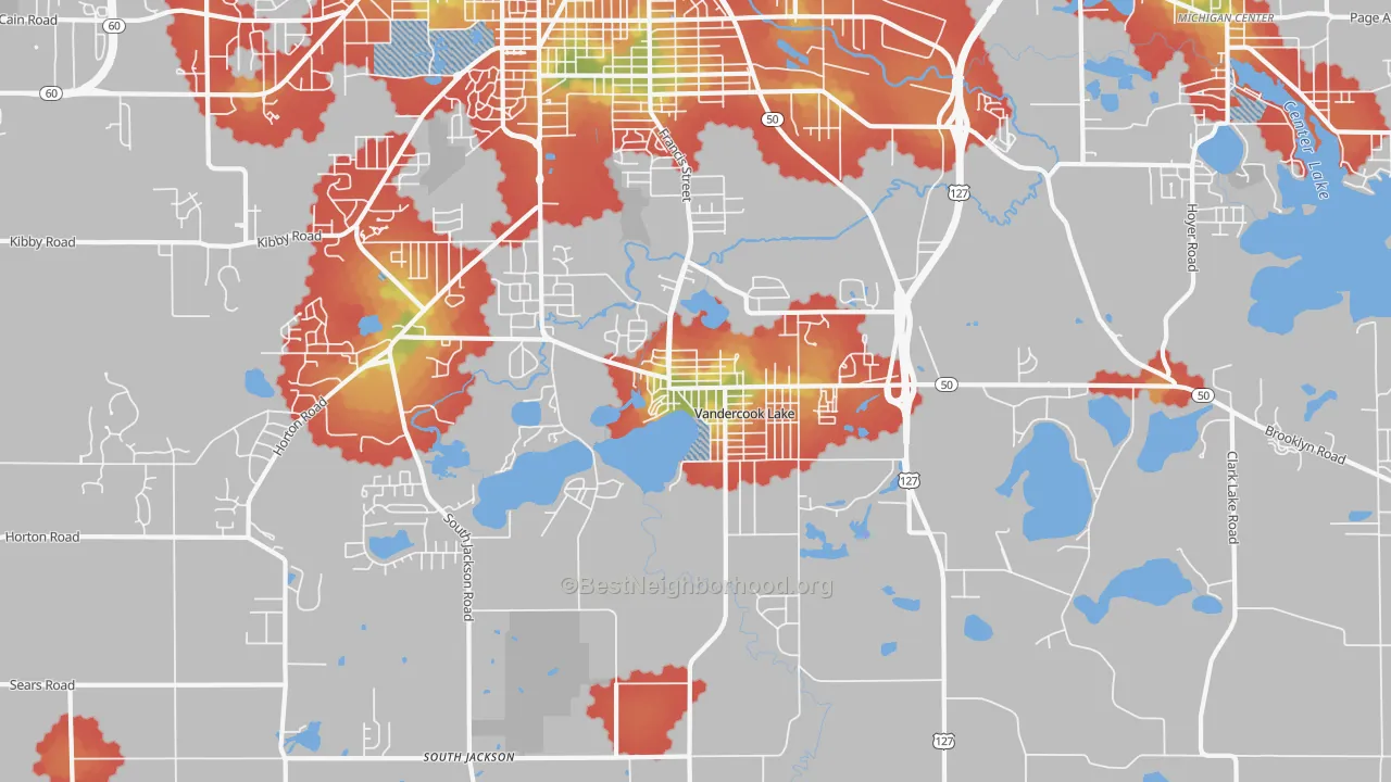 Walk Grade map of Vandercook Lake, MI, walkable areas in green and car-dependent areas in red
