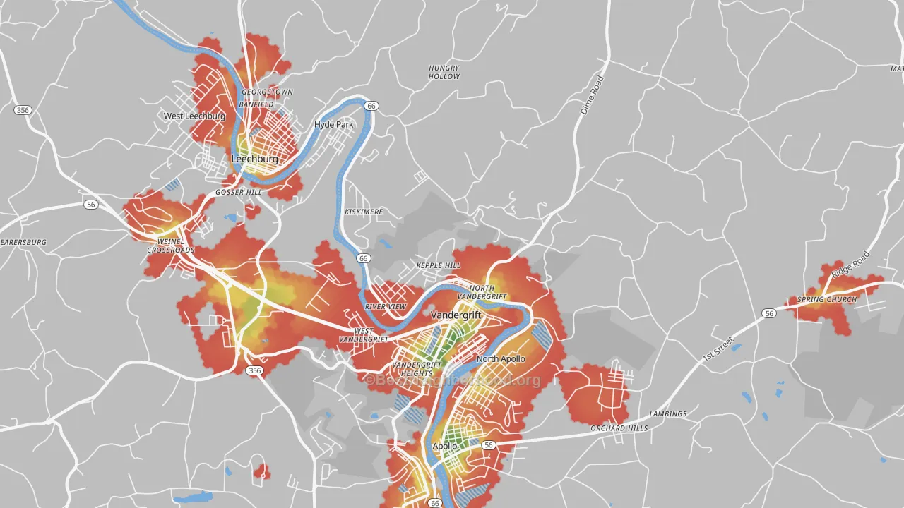 Walk Grade map of Vandergrift, PA, walkable areas in green and car-dependent areas in red