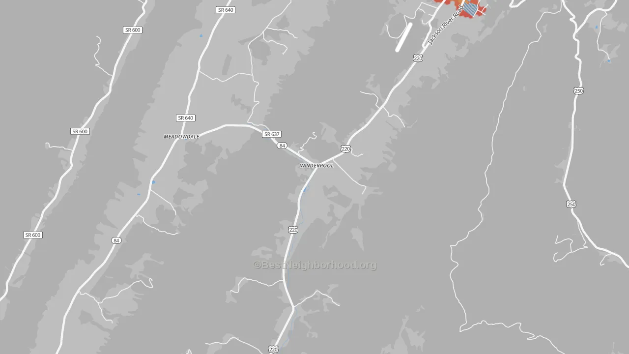 Walk Grade map of Vanderpool, VA, walkable areas in green and car-dependent areas in red